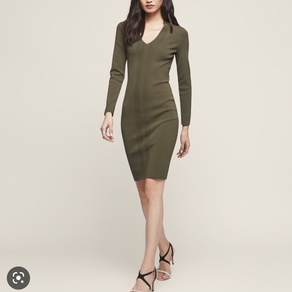 Reiss Polly knitted bodycon dress khaki green career work day to night 8 Medium